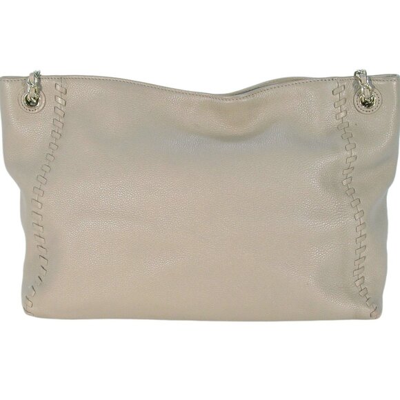 TORY BURCH Marion $495 Pebbled Taupe Leather Whipstitch Chain Tote Shoulder Bag - Picture 2 of 12